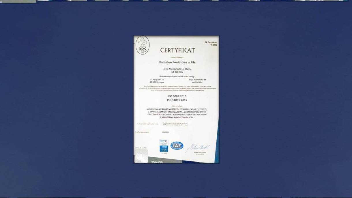 Certyfikat za wysoką jakość usług dla Powiatu Pilskiego